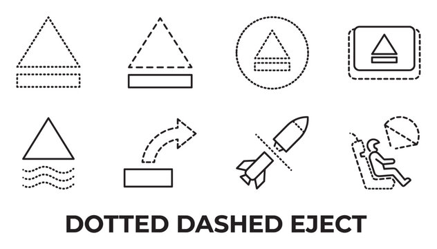 Dotted dashed eject icons for triangle disk rocket ejector seat spaceship.