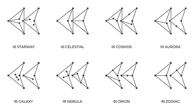 Eight abstract star cluster constellations with celestial names.