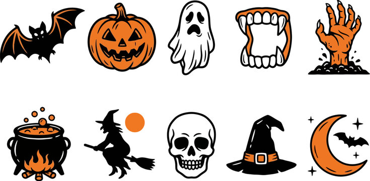 Halloween symbols and icons including pumpkins ghosts bats and skulls on white background