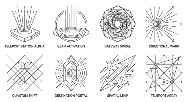 Eight unique futuristic science fiction icons for teleportation and warp technology.