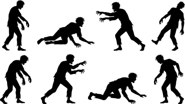 collection of zombie silhouettes in various poses on white background