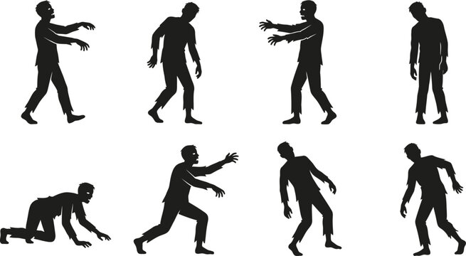 set of zombie silhouettes in various poses walking and crawling on white background
