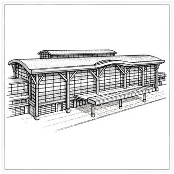 A large covered bus station shelter.