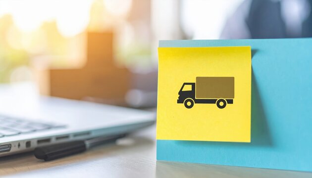 Express delivery concept with truck icon on sticky note, logistics, shipping speed and e-commerce fulfillment, bright clean background