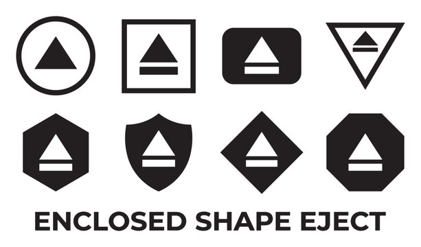 Eject icons in enclosed shapes circle square rounded rectangle triangle hexagon shield.