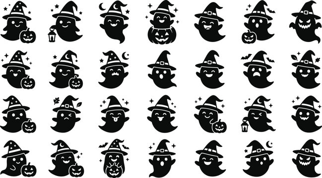 halloween ghost characters with witch hats and pumpkins on white background