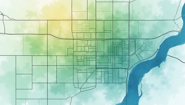 Abstract city map with land parcels and roads. Urban area illustration shows planning and boundaries. River flows beside town grid. Teal, yellow, green tones.
