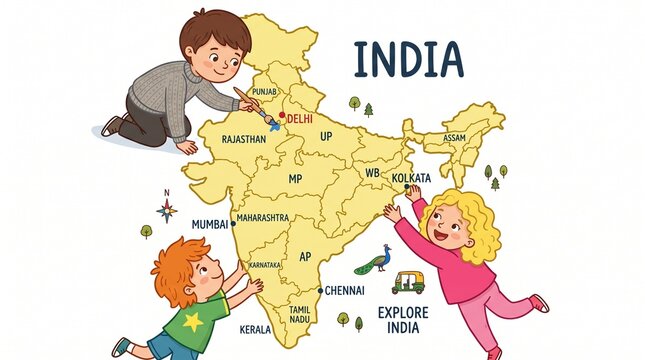 Children exploring a map of india with major cities and landmarks