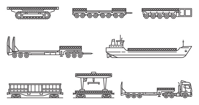 Flatbed trailers and transport ships for heavy cargo and industrial equipment.