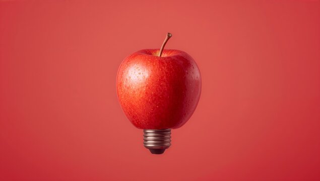 A striking photograph featuring a perfectly formed red apple reimagined as a lightbulb against a solid, vibrant red background.