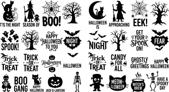 Halloween themed black graphic illustrations and typography on white background