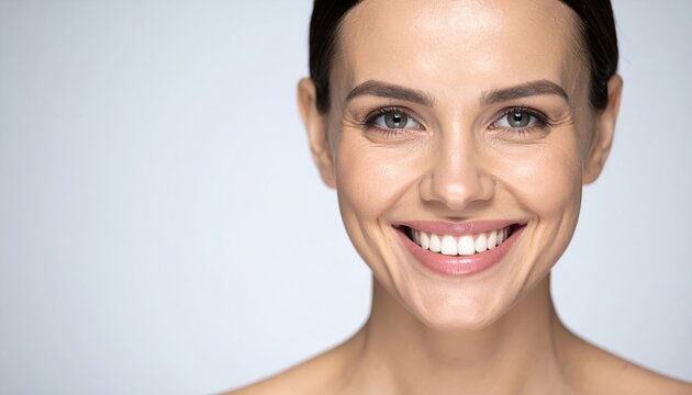 perfect smile concept with natural beauty portrait, oral health advertising style, clean background