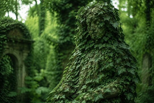 An abandoned stone statue covered in thick green ivy vines.