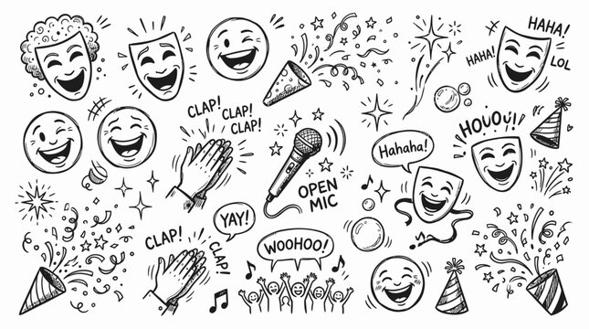 Comedy Show Celebration Vector Art: Laughter, Applause, Masks, Microphone, Confetti