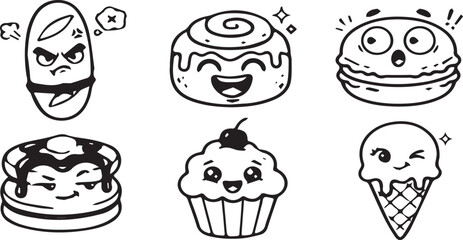 Fototapeta premium Black and white line art set of cute food characters featuring angry baguette, happy cinnamon roll, surprised macaron, grumpy pancakes, and cupcake.