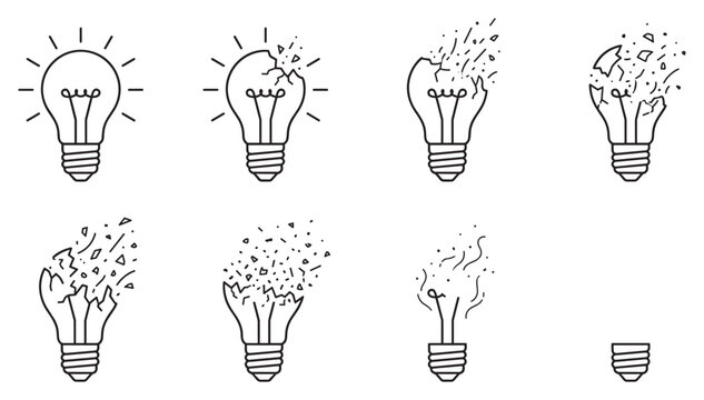 Light bulb breaking apart representing idea failure and energy loss with fragments flying away.