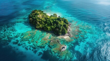 Fototapeta premium Island covered in lush tropical forest rises from the crystal clear turquoise waters of the ocean.