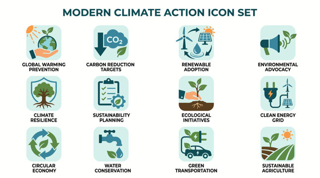 Modern Climate Action Icon Set.