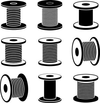 Nine spools of thread arranged in a grid with crisp lighting for crafting and industrial design concepts