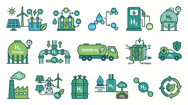 Hydrogen energy production storage transportation and utilization process icons set.