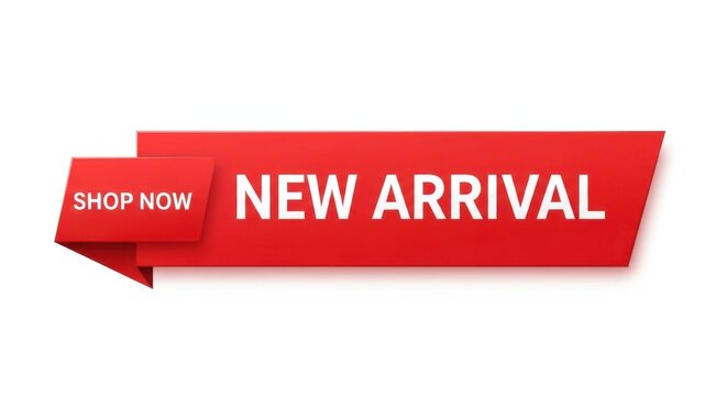 Red ribbon banner with new arrival text and shop now button isolated on white background