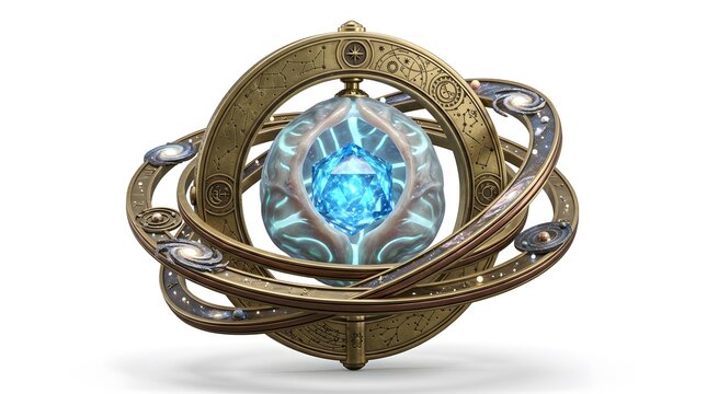 Mystical cosmic armillary sphere with glowing blue crystal