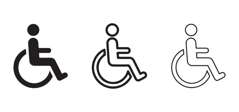 Disabled person wheelchair symbol icon set for accessibility and inclusion  three different styles
