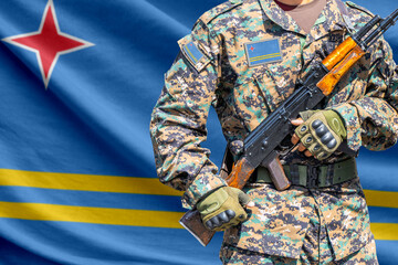 Fototapeta premium Aruba flag with soldier holding assault rifle