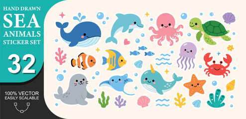 Cute cartoon sea animals sticker set. hand drawn doodle elements for kids with whale, dolphin, octopus, turtle, clownfish, jellyfish, crab, seahorse, seal, stingray, narwhal, starfish and other marine © PixiBoo Studio