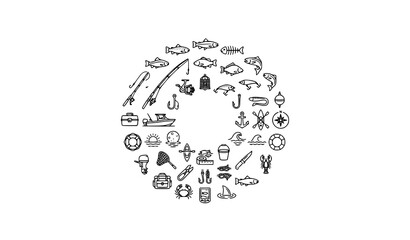 Minimal Fish and Fishing Outline Icons Collection with Editable Stroke Vector Set © Shaon