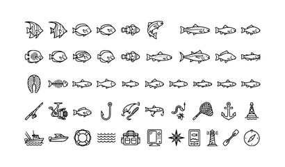 Editable Fish Line Icon Set with Marine Fishing Equipment Outline Vector Collection © Shaon
