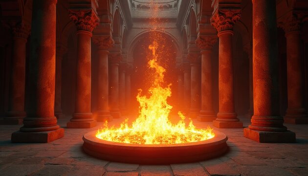 Circular stone altar with intense fire blazing inside ancient temple hall. Tall stone columns and gothic arches surround the dramatic, mystic ritual scene with rising sparks.