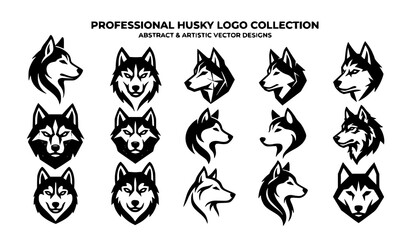 Siberian Husky Head Silhouette Vector Collection, Abstract Dog Logo Design Elements Set © prosanjit