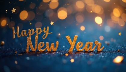 Fototapeta premium Golden glitter letters spell Happy New Year. Sparkle stars and soft bokeh lights on dark blue background. Festive celebration atmosphere for holiday event.