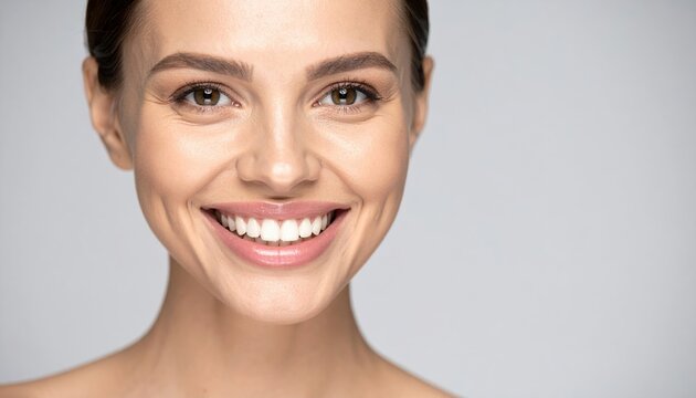 perfect smile concept with natural beauty portrait, oral health advertising style, clean background