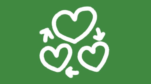 Heart recycle loop eco-friendly hand-drawn cartoon graphic with chalk outline recycling hearts and sustainability notification icon isolated on green screen background for environmental science.