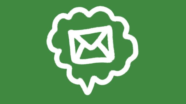 Envelope speech bubble mail hand-drawn cartoon graphic with chalk outline email icon and creative message notification isolated on green screen background for email marketing hub line art element.