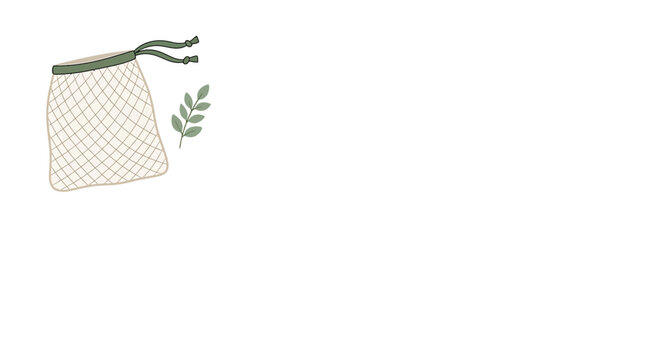 Eco-friendly reusable fabric drawstring bag with green ties and a natural leaf, promoting zero waste and sustainability.