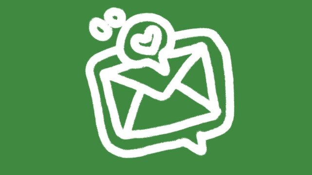 Envelope speech bubble and heart icon hand-drawn cartoon graphic with chalk outline romantic mail and creative charity notification alert isolated on green screen background for greeting card line art