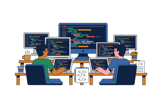 Two programmers coding on multiple screens illustration
