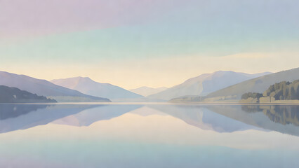 Fototapeta premium Soft Color Field Landscape with Calm Lake and Mountains
