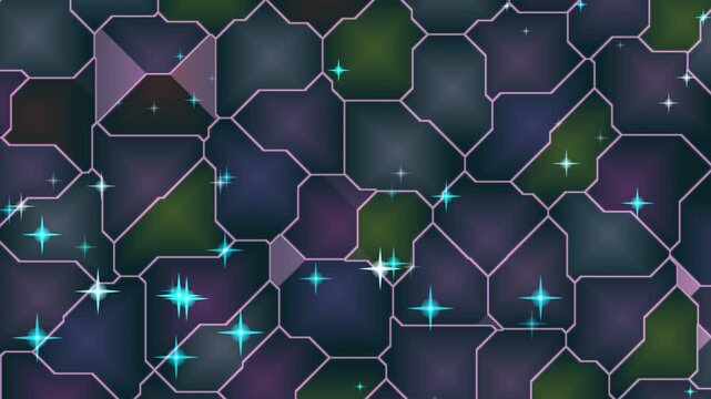 Abstract geometric pattern with glowing stars and shimmering light effects