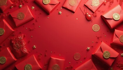 Fototapeta premium Red envelopes with gold seals, ornate patterns scattered across vibrant red background, prosperity, good fortune during festive celebrations, cultural traditions like Lunar New Year, weddings.