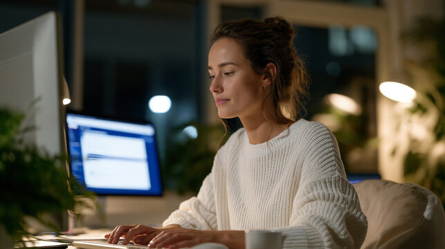 Crisis text counselor typing at a workstation in a sparse nighttime office, ambient monitor glow, urgent message thread on screen, digital mental health crisis intervention, overnight emotional labo