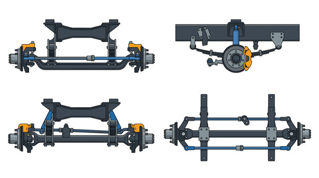 Front axle automotive drivetrain component with front side rear and top views vector illustration