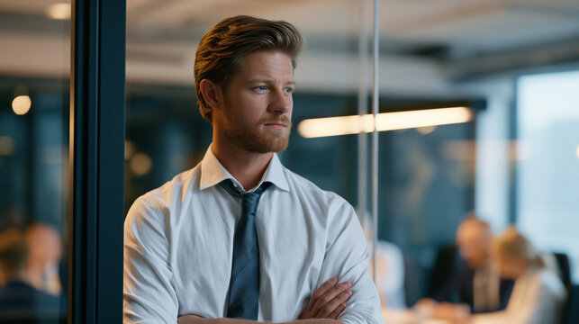 Employee standing outside a glass conference room, visibly hesitant before entering, colleagues visible through glass mid-meeting, mental health disclosure fear, workplace stigma concept, career vul