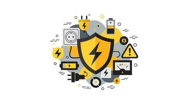 Electrical Safety and Surge Protection Concept Illustration with Power Shield, Battery Icons, and Energy Symbols in Flat Design Style