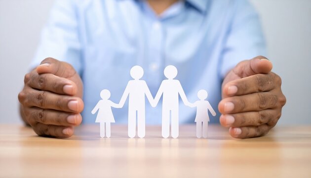 family care and future planning concept with paper cutout family protected by human hands, clean background, financial security theme