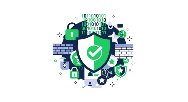Cybersecurity and Data Protection Vector Concept featuring a Green Shield, Padlock Icons, Firewall, and Binary Code on a White Background