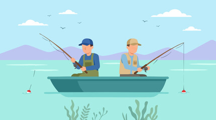 Cartoon illustration of two male friends fishing in a boat on a lake © Hexaview